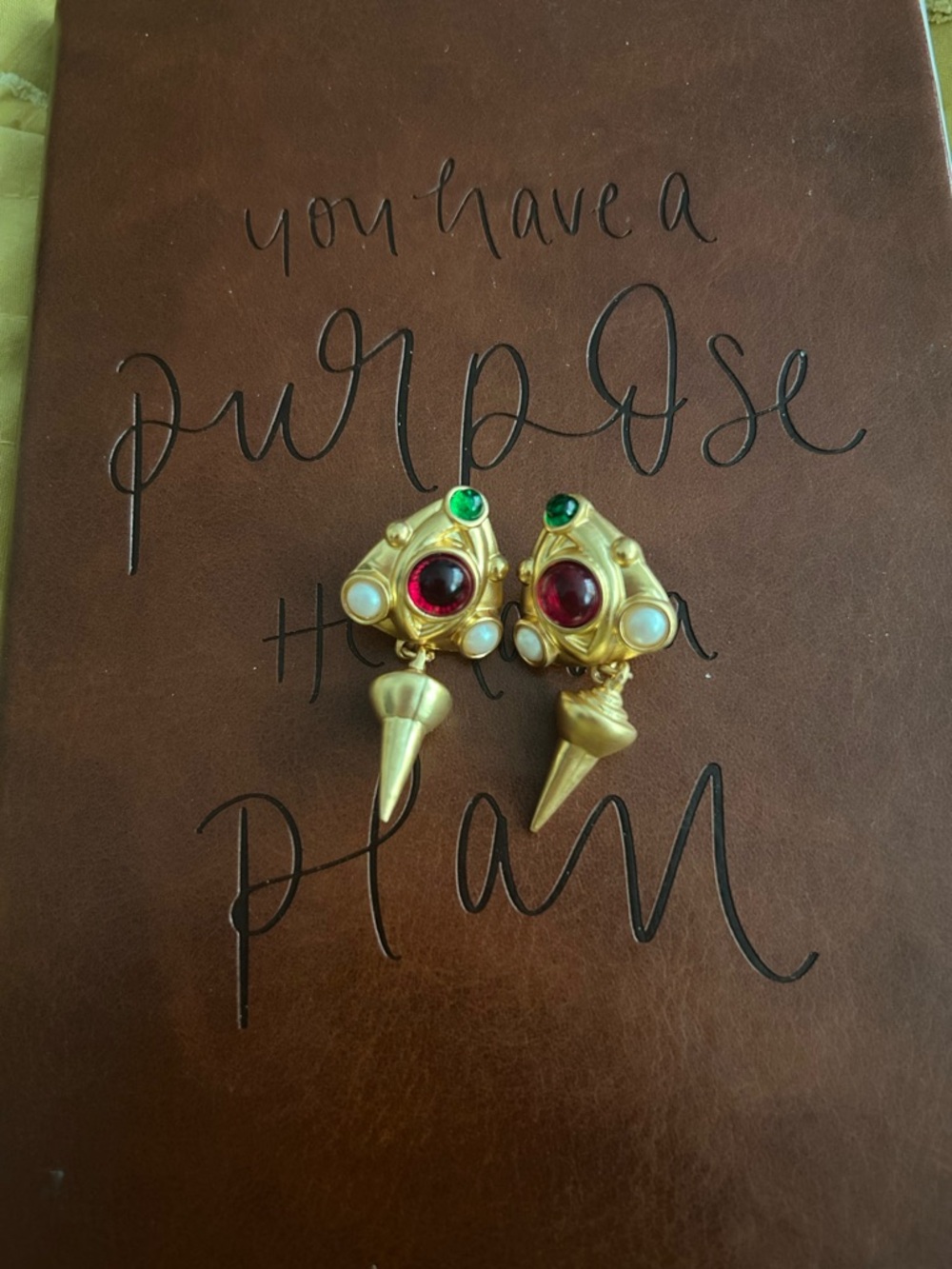 Gold Tone Statement Drop Earrings with Red, Green and Pearl Accents